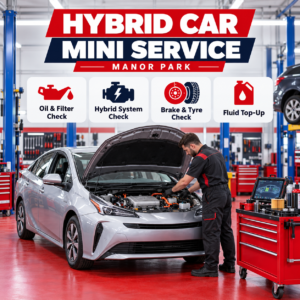 Hybrid car undergoing routine vehicle servicing